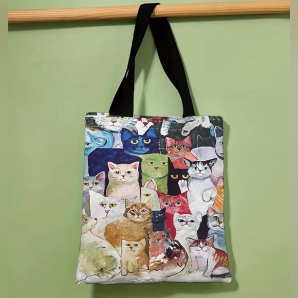 Fashion Kawaii Cats Pattern Shoulder Bag, Lightweight Shopper Tote Bag - Picture 3 of 11